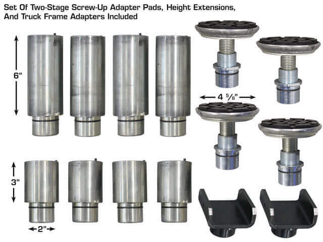 Atlas Platinum PVL9BP ALI Certified Baseplate Lift close-up view of screw-up adapters pads, height extensions and truck frame adapters
