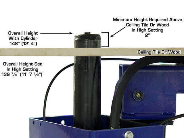 Atlas Platinum PVL10 ALI Certified 2-Post Overhead Lift showing the minimum height required with dimension
