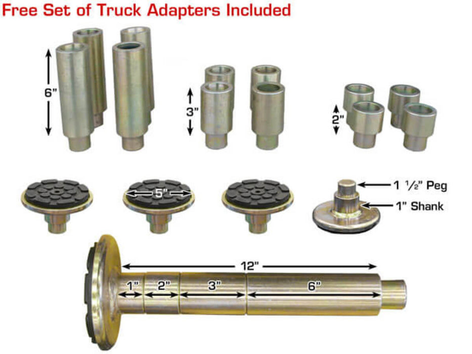 Atlas 12,000 lbs Commercial Grade 2-post Baseplate Lift close-up view of the free set of truck adapters