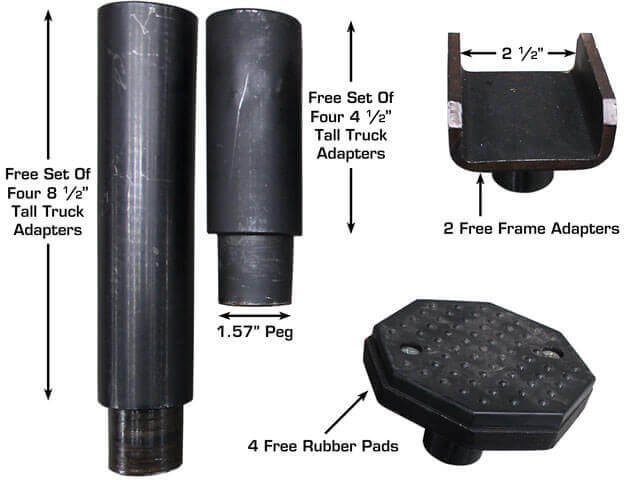  Atlas Platinum PVL12 ALI Certified 2-Post Overhead Lift close-up view of truck adapters, frame adapters and rubber pads