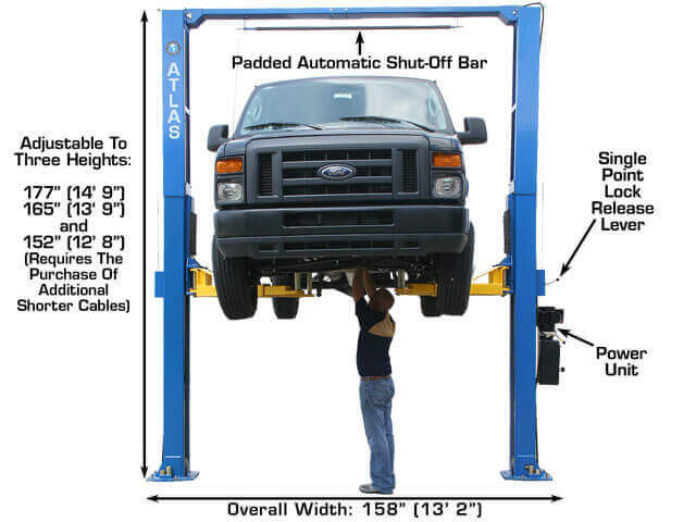 Atlas PV12PX Overhead 2-Post Lift front view with person underneath the vehicle