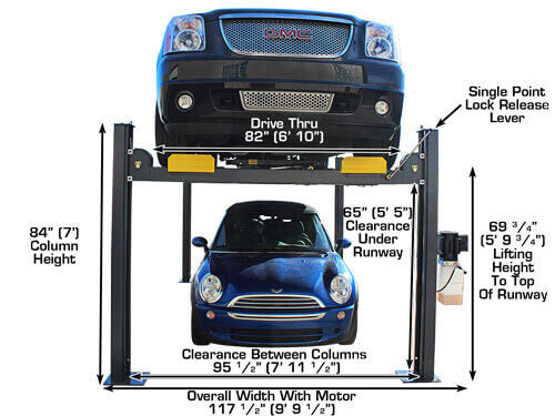 Atlas 408SL Super Deluxe 4-Post Lift front view features and dimensions