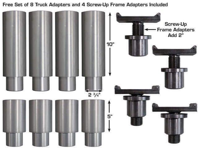 Atlas Platinum PVL15 Heavy Duty 2-Post Lift close-up view of truck adapters and screw-up frame adapters