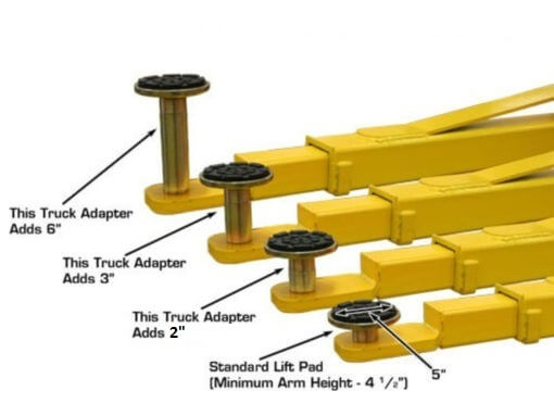 Atlas PV12PX Overhead 2-Post Lift close-up view of adjustable truck adapters