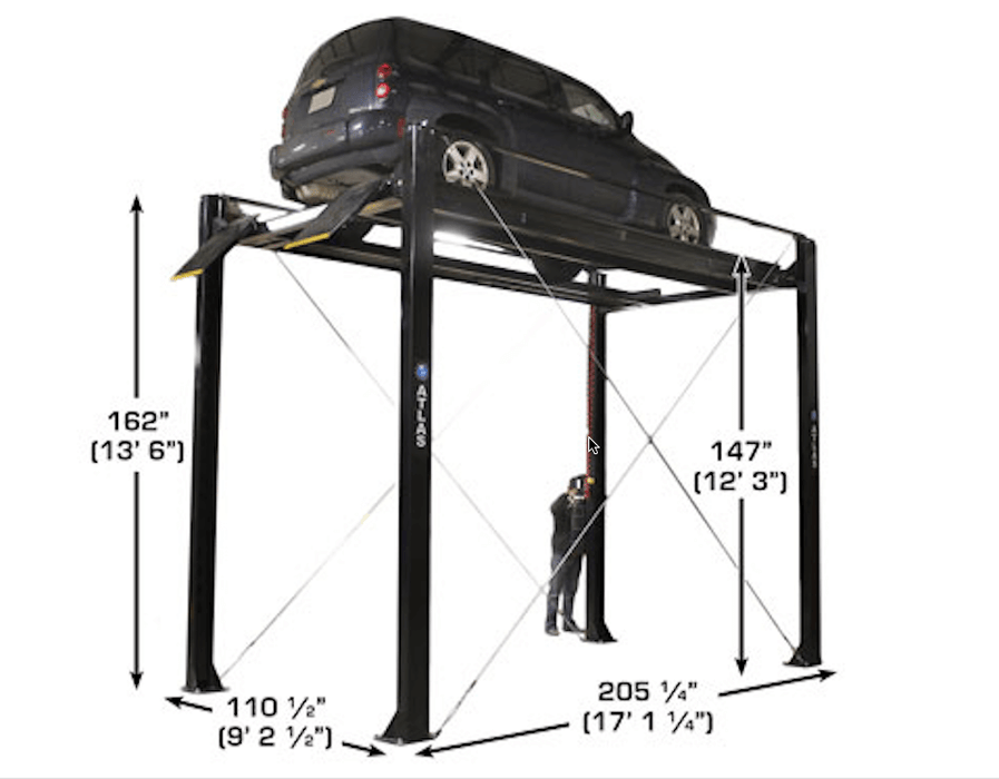 Atlas® Garage PRO7000ST 4-Post Lift side view with car on top of the runway