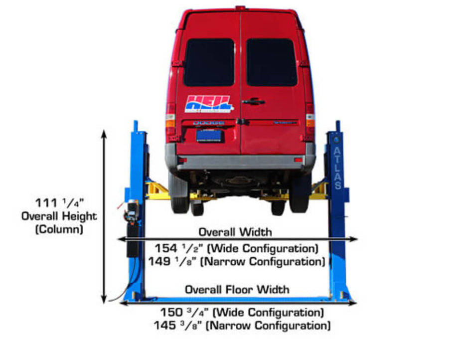 Atlas12,000 lbs Commercial Grade 2-post Baseplate Lift showing the overall width and the overall floor width measurement