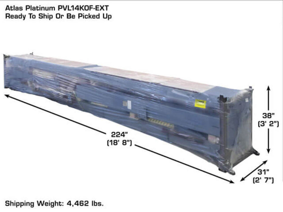 Atlas Platinum PVL14OF-EXT ALI Certified Open Front Alignment Lift close-up view of ready to ship package