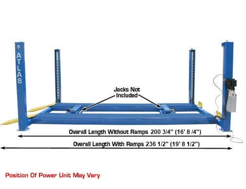 Side image of entire length with and without ramps for the Atlas Commercial Grade 4-Post Lift