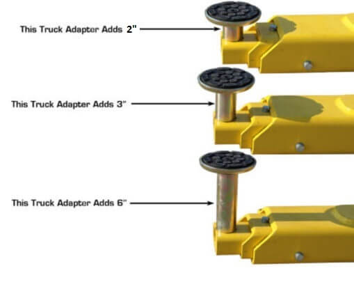Atlas 12,000 lbs Commercial Grade 2-post Baseplate Lift showing the adjustable truck adapter