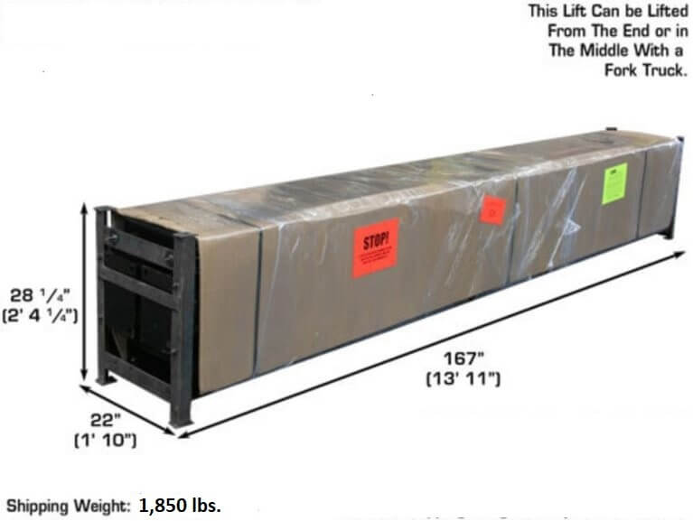 Atlas Garage PRO8000EXT 4-Post Lift close-up view of ready to ship package