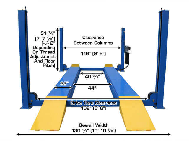 Atlas 14,000 kg 4-Post Alignment Lift close-up view of drive thru clearance measurement