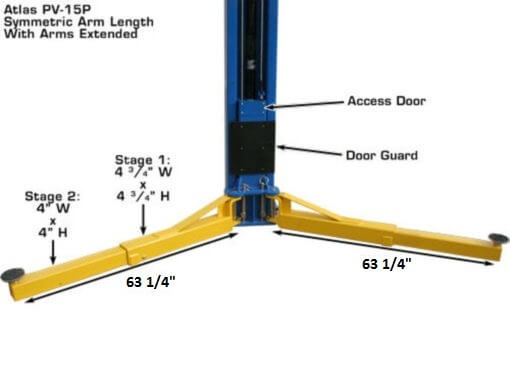 Atlas PV15PX Overhead 2-Post Lift close-up view of symmetric arm length with arms extended