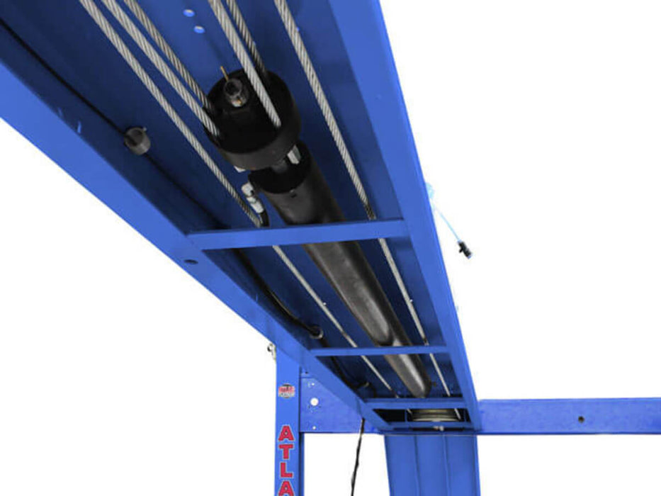 Atlas Platinum PVL14 ALI Certified 4 Post Lift close-up view under runway oversized hydraulic cylinder