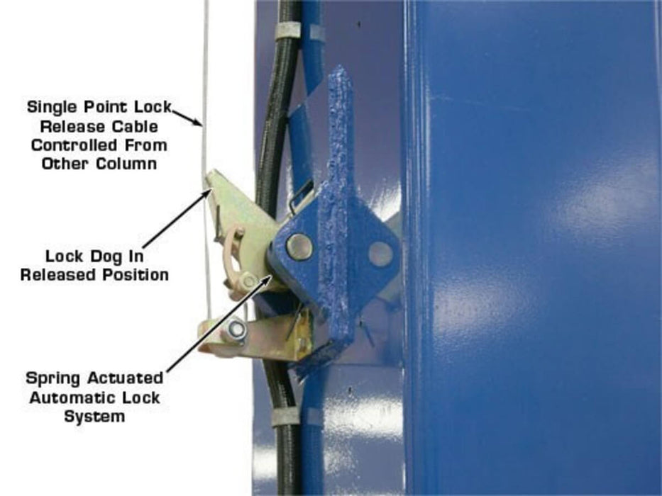 Atlas PV10PX Overhead 2-Post Lift close-up view of lock dog in released position