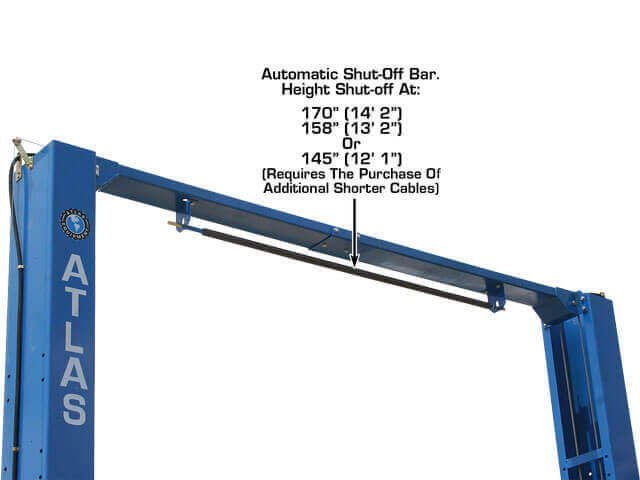 Atlas PV12PX Overhead 2-Post Lift close-up view automatic shut-off bar