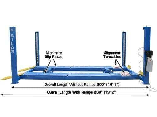 Atlas Commercial Grade 4-Post Alignment Lift  showing the overall length with or without ramps