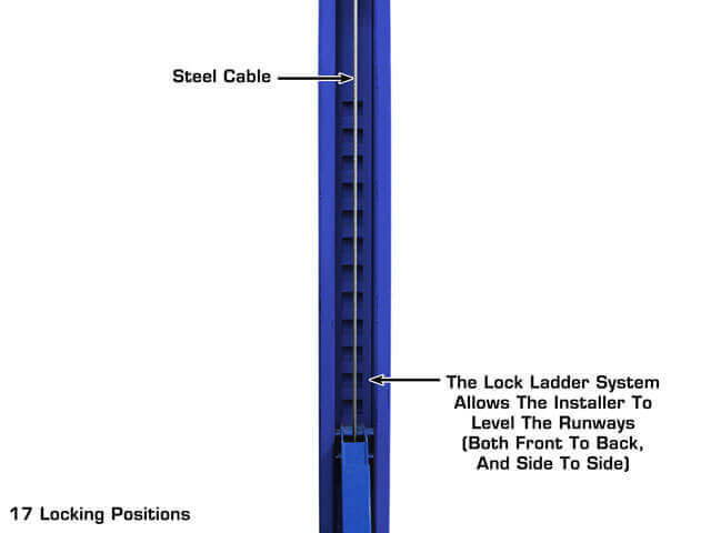 Atlas Platinum PVL14OF-EXT ALI Certified Open Front Alignment Lift close-up view of steel cable and lock ladder system