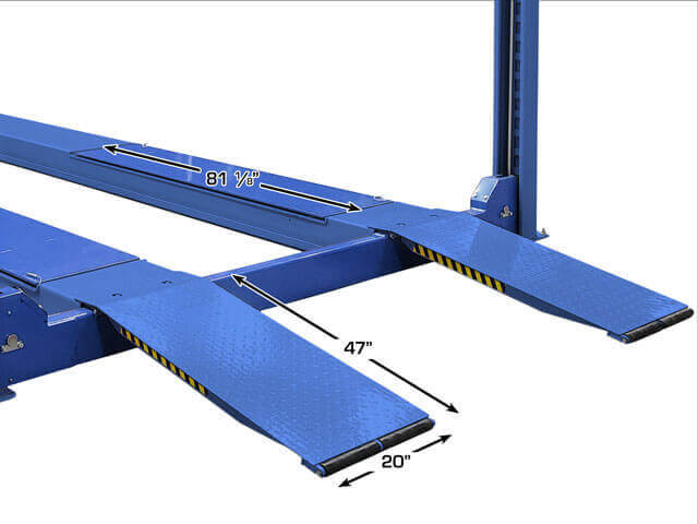 Atlas Platinum PVL14OF-EXT ALI Certified Open Front Alignment Lift close-up view of approach ramps with dimension