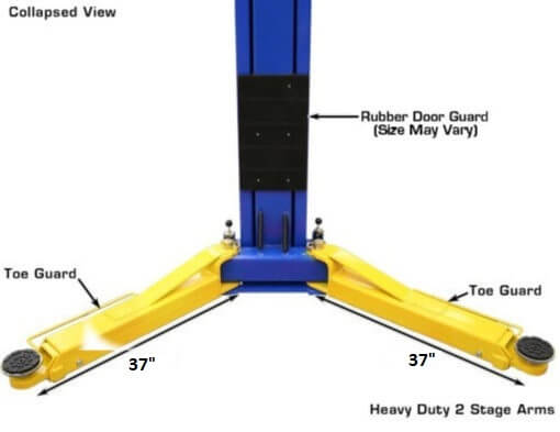 Atlas OHX10000X 2-Post lift collapsed view of 2 stage arms with dimension