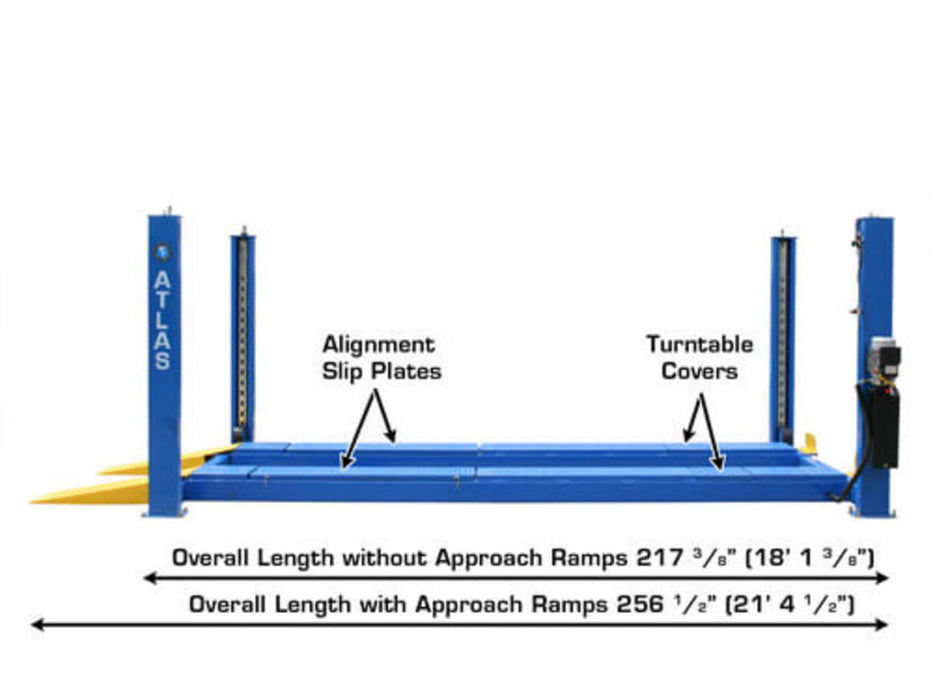 Atlas 14,000 kg 4-Post Alignment Lift close-up view of Built-In Slip Plates & Alignment Turntables 