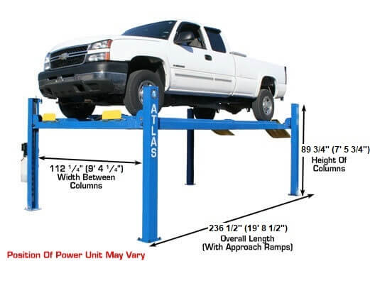 Atlas Commercial Grade 4-Post Lift showing the width between columns, overall length and the height of the columns