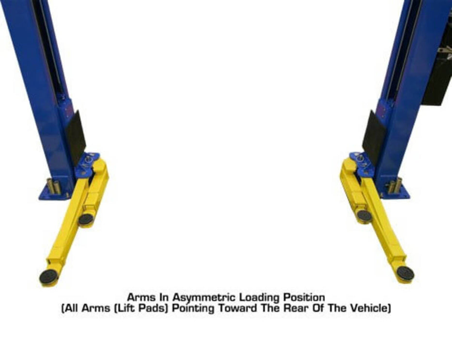 Atlas PV10PX Overhead 2-Post Lift close-up view of arms in asymmetric loading position