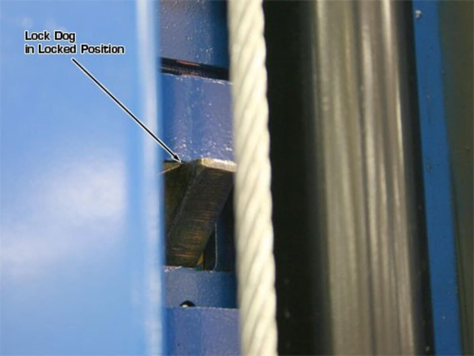 Atlas PV10PX Overhead 2-Post Lift close-up view of lock dog in locked position