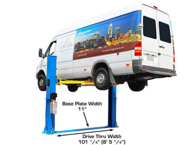Atlas 10,000 lb Commercial Grade 2-post Baseplate Lift showing the baseplate and drive thru width