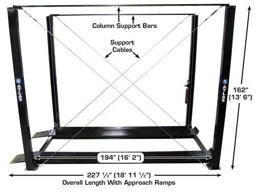 Atlas® Garage PRO7000ST 4-Post Lift showing column support bars and support cables