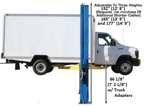 Atlas PV15PX Overhead 2-Post Lift right side angle view with height dimensions