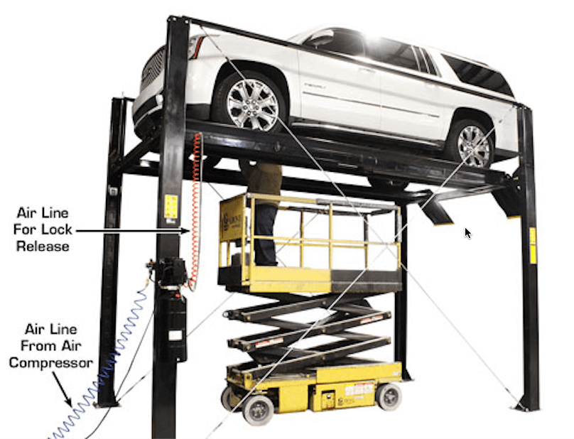 Atlas® Garage PRO7000ST 4-Post Lift left side view with person on the man lift underneath