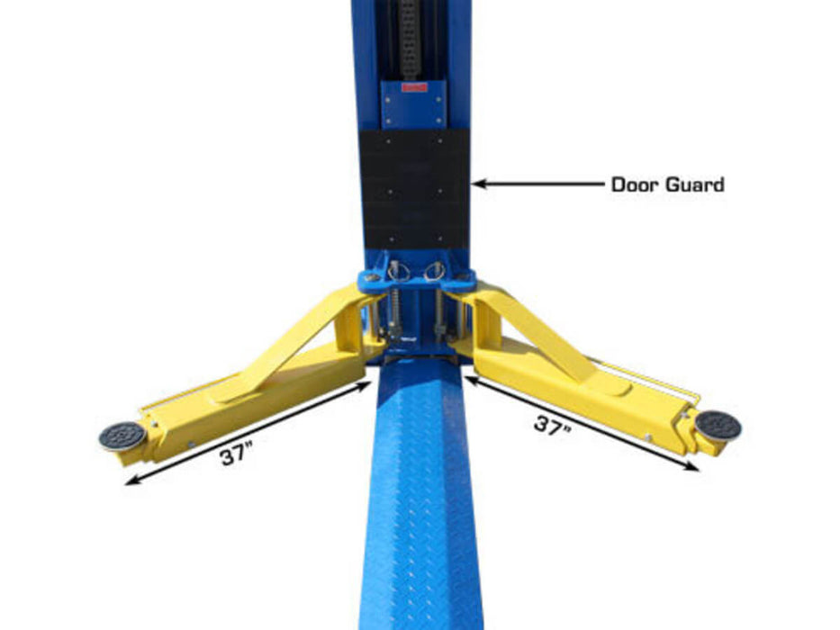 Atlas12,000 lbs Commercial Grade 2-post Baseplate Lift close-up view of the minimum arm length with adapters