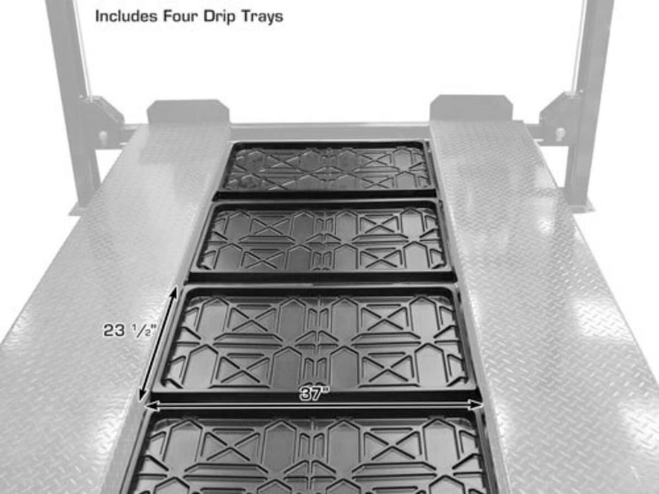 Atlas Garage PRO8000EXT 4-Post Lift close-up view of four drip trays with dimension