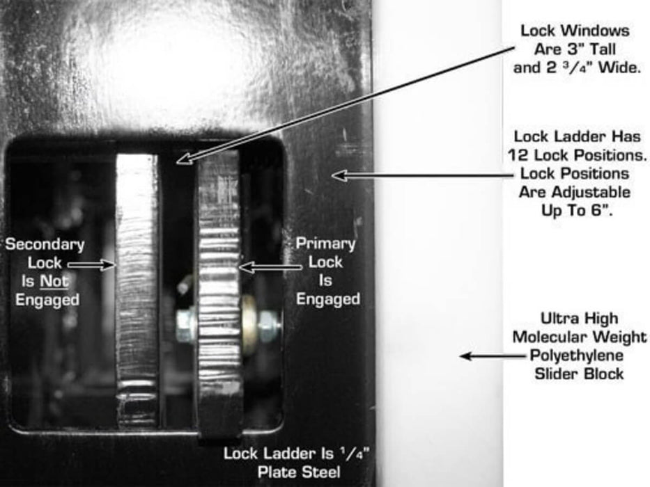 Atlas Garage PRO8000EXT 4-Post Lift close-up view of primary and secondary lock